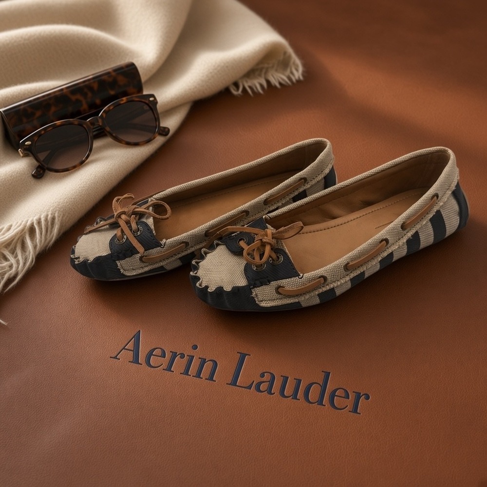 AERIN LAUDER Skipper Boat Shoes Navy Blue Beige Striped Canvas Flats 8M
